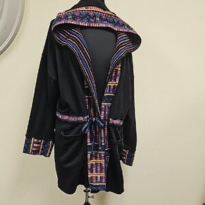 Johnny Was Black Hooded Jacket with Colorful Embroidered Trim